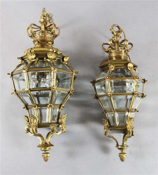 Two Louis XIV style ormolu and glass hall lanterns, 11 x 28in. & 14 x 31in.